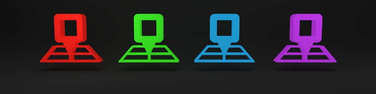 Colorful Folded map with location marker icon isolated on black background. Minimalism concept. 3D render illustration