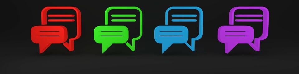 Poster - Colorful Speech bubble chat icon isolated on black background. Message icon. Communication or comment chat symbol. Minimalism concept. 3D render illustration