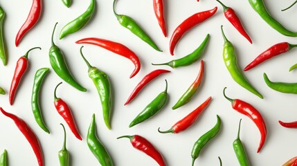 Red and green chili peppers arranged in a visually pleasing pattern on white backdrop