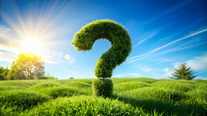 Green question mark in a field of grass, bathed in sunlight.
Nature-inspired question mark symbol against a vibrant blue sky.