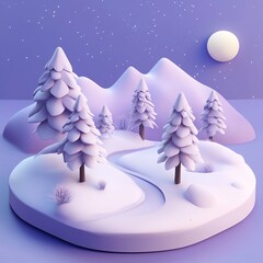 Wall Mural - 3D Icon: Snowy Winter Landscape with Trees Illustration Logo