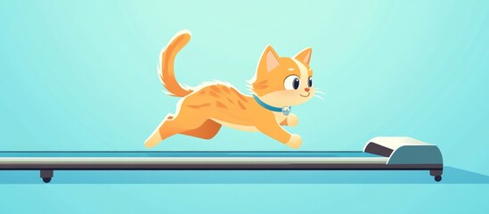 Adorable cartoon cat jogging on a treadmill representing the theme of isolated technology Ideal for web pages banners flyers stickers and cards in a flat design style