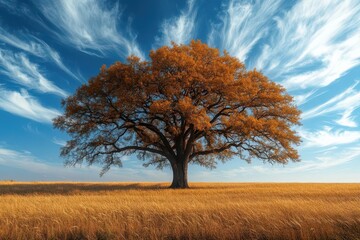 lone majestic oak tree standing in golden wheat field vibrant blue sky with wispy clouds warm afternoon light casting long shadows