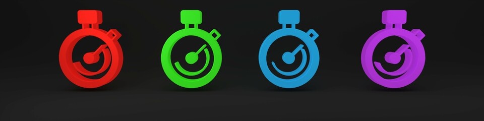 Poster - Colorful Stopwatch icon isolated on black background. Time timer sign. Chronometer sign. Minimalism concept. 3D render illustration