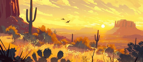 Wall Mural - Painting of a Cholla cactus garden at sunset showcasing the desert landscape with vibrant colors and unique plant life