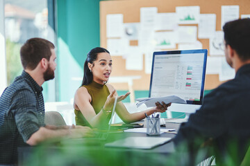 Poster - Creative, business people and team discussion with documents in meeting for brand or target audience. Group, campaign manager and planning with chart for ads, performance data or strategy in startup