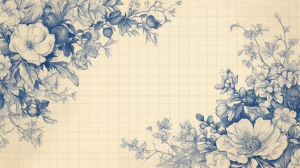 Wall Mural - Vector floral ornamental frame illustration on checked paper drawn with blue ballpoint pen ideal for back to school themes