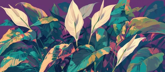 Wall Mural - Abstract painting featuring Spathiphyllum cannifolium leaves on a dark purple surface with a natural background of tropical foliage