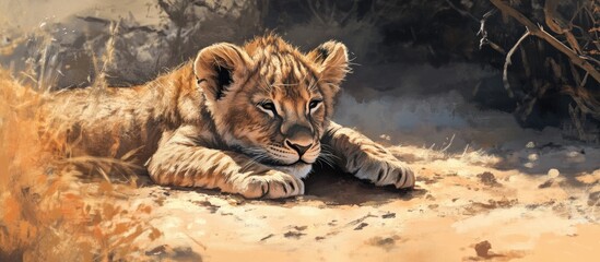 Painting of a lion cub resting in a dry riverbed