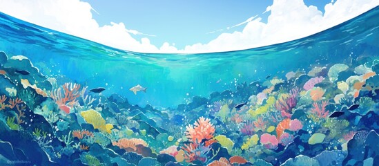 Wall Mural - Painting of a vibrant coral reef underwater showcasing a split view of the sea surface and rolling waves above