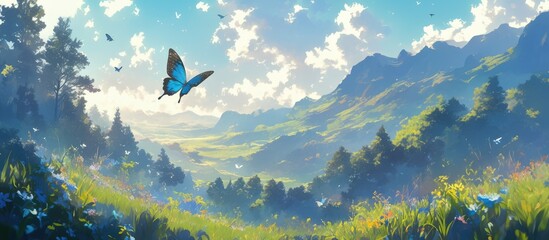 Poster - Painting of a blue butterfly soaring amidst a serene natural landscape in the morning light