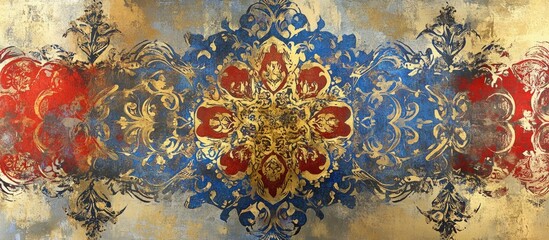 Canvas Print - Mural painting featuring a rich mix of vintage fresco patterns and kaleidoscopic motifs in gold red and blue an elegant abstract wall decor with a damask tile design