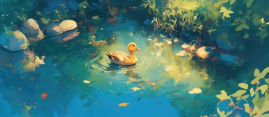 Artwork of a duck swimming in a tranquil pond