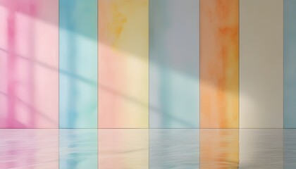 Wall Mural - Elegant and Minimalist Watercolor Background with Light Reflections and Soft Color Gradients on an Empty Wall