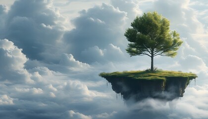 Wall Mural - Solitary tree on a floating island amid serene clouds, embodying peace and isolation