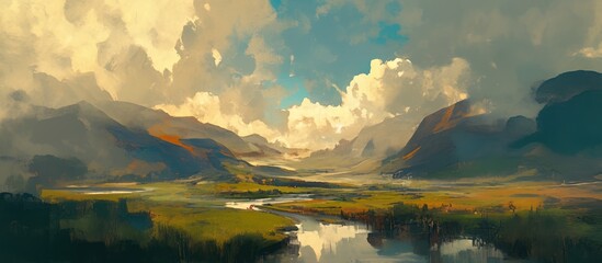 Wall Mural - Landscape painting depicting a river under cloudy skies