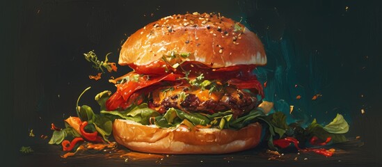 Painting of a handcrafted burger featuring vibrant fresh vegetables