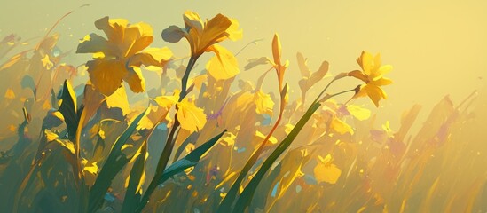 Wall Mural - Yellow marsh iris flowers depicted against a soft out of focus backdrop