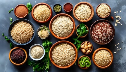 Nutritious display of whole grains including brown rice, quinoa, oats, and barley showcasing healthy eating and vibrant lifestyle choices