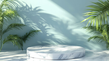 Poster - A luxurious marble round podium with cascading tropical leaves, set against a light pastel blue background for a soft and sophisticated look.