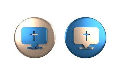 Sticker - Colorful Map pin church building icon isolated on white background. Christian Church. Religion of church. Circle button. 3D render illustration