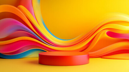 A vibrant 3D podium with a glossy red base, set against a dynamic abstract background of swirling multicolored shapes and lines on a gradient yellow backdrop.