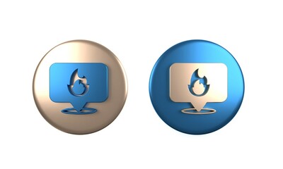 Sticker - Colorful Map pointer with fire flame icon isolated on white background. Fire nearby. Circle button. 3D render illustration