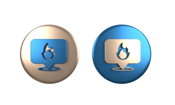 Colorful Map pointer with fire flame icon isolated on white background. Fire nearby. Circle button. 3D render illustration