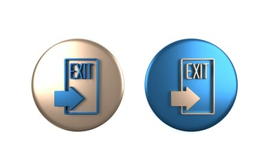 Canvas Print - Colorful Fire exit icon isolated on white background. Fire emergency icon. Circle button. 3D render illustration