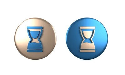 Poster - Colorful Old hourglass with flowing sand icon isolated on white background. Sand clock sign. Business and time management concept. Circle button. 3D render illustration