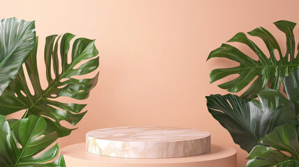 Wall Mural - A minimalist podium with a marble surface, framed by large tropical leaves, set against a soft peach wall for a clean and elegant display.