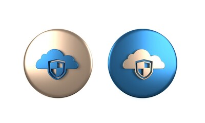 Sticker - Colorful Cloud and shield icon isolated on white background. Cloud storage data protection. Security, safety, protection, privacy concept. Circle button. 3D render illustration