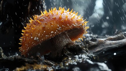 Wall Mural - Close Up of a Spiky Mushroom in the Rain