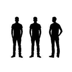 Silhouette of three standing men from different angles. Black silhouette illustration showing three men in different standing positions, facing various directions