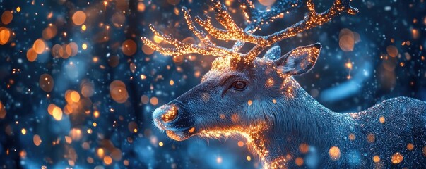 Poster - A majestic deer adorned with shimmering lights in a snowy landscape, perfect for winter and holiday-themed visuals.