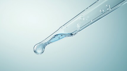 Close-up of a pipette with a droplet of water suspended at its tip, capturing the precision of laboratory work in a clean, modern environment