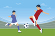 © Andrew - Young football players play football at the stadium. The boys compete for the ball. Professional children's football. Children's football team. Vector illustration. Flat design