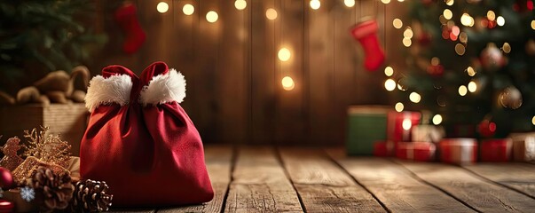 Poster - A festive scene featuring a red gift bag, pine cones, and twinkling lights, perfect for holiday celebrations and Christmas decorations.