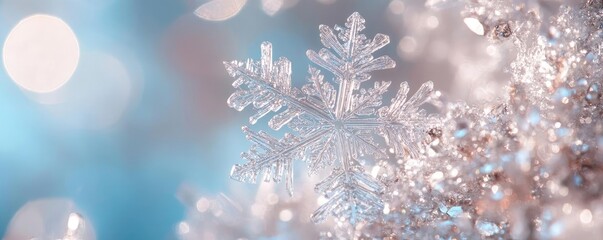 Poster - A beautiful close-up of a snowflake resting on a frosty surface, capturing the delicate details and shimmering ice crystals.