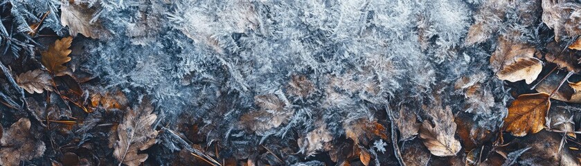 Poster - A serene view of frozen leaves resting on the ground, showcasing the beauty of winter's delicate touch on nature.