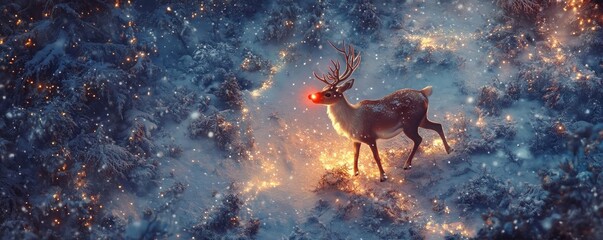 Poster - A majestic reindeer illuminated by magical lights in a snowy landscape, creating a serene winter atmosphere.