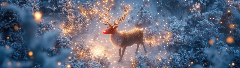 Poster - A majestic reindeer in a snowy forest, illuminated by sparkling lights, capturing the magic of winter and holiday cheer.