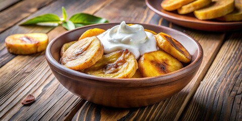 Ripe plantains fill a wooden bowl, their yellow skin slightly bruised, topped with a dollop of creamy goodness on a rustic tabletop.