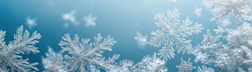 Poster - Delicate snowflakes gently fall against a serene blue background, creating a winter wonderland effect. Perfect for seasonal themes.