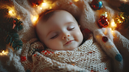 Wall Mural - Christmas baby with Christmas decoration celebrating