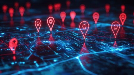 Poster - Digital map with red and blue pinpoints, emphasizing geospatial data and location insights, ideal for analysis visuals.