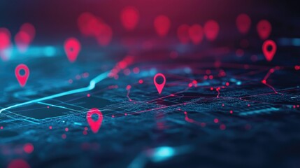 Poster - Digital map with red and blue pinpoints, emphasizing geospatial data and location insights, ideal for analysis visuals.