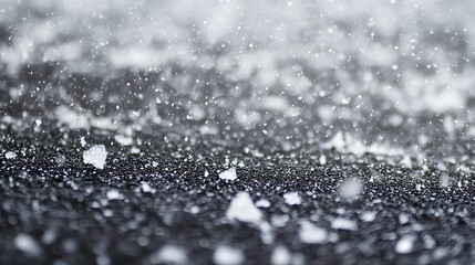 Wall Mural - A powerful hailstorm in progress, showing a close-up view of ice pellets striking the ground and accumulating in a layer of frozen precipitation. The harsh weather conditions are evident as 