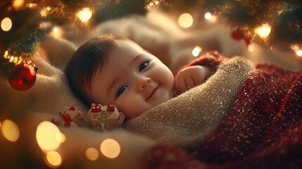 Wall Mural - Christmas baby with Christmas decoration celebrating