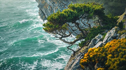 Wall Mural - Stunning Cliffs with a Unique Tree Overlooking the Ocean Waves at Sunset